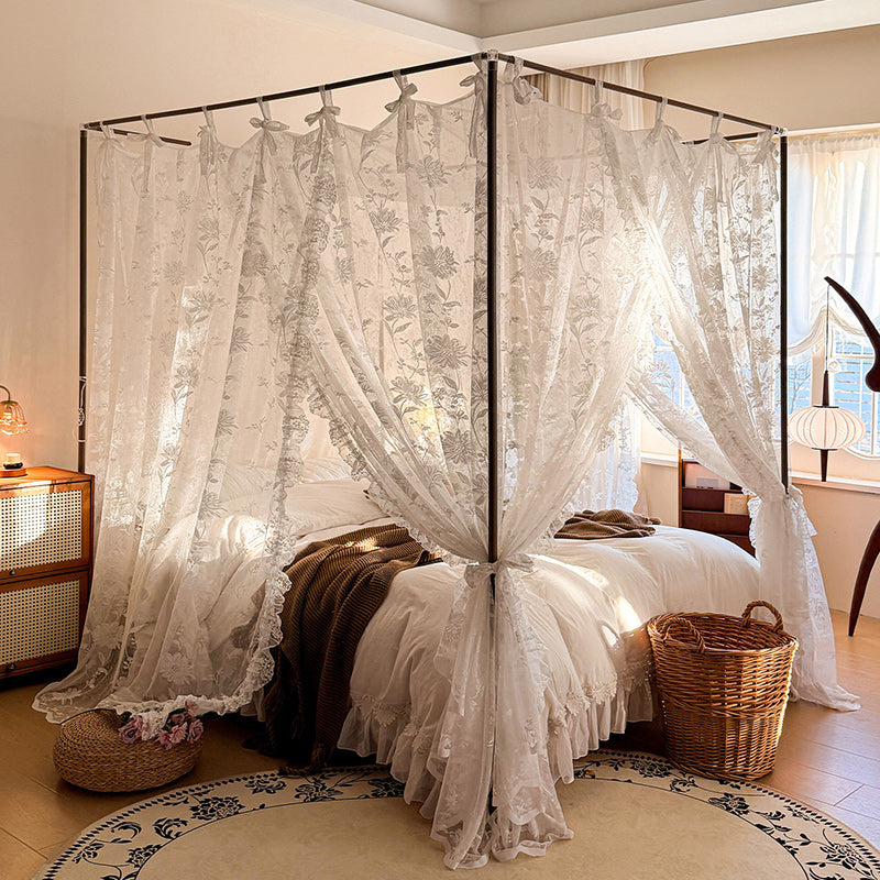 floral lace bed canopy curtains on four poster bed