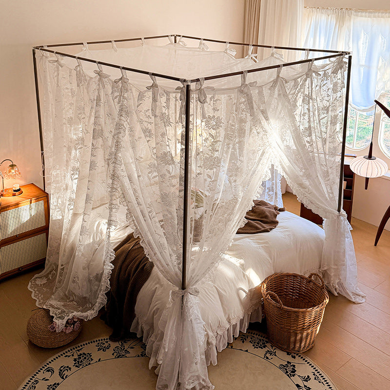 lace bed canopy drapes with floral pattern