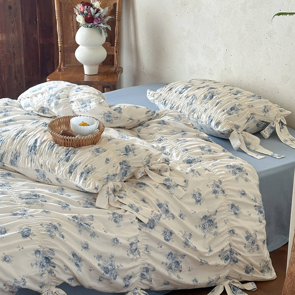 French cottage floral bedding set with gathered cotton muslin texture