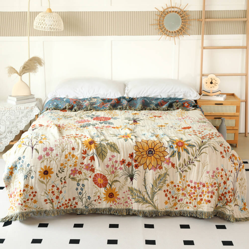 Garden Floral Cotton Throw Blanket with Fringe