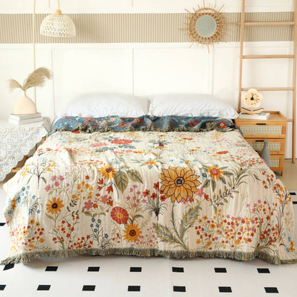 Garden Floral Cotton Throw Blanket with Fringe