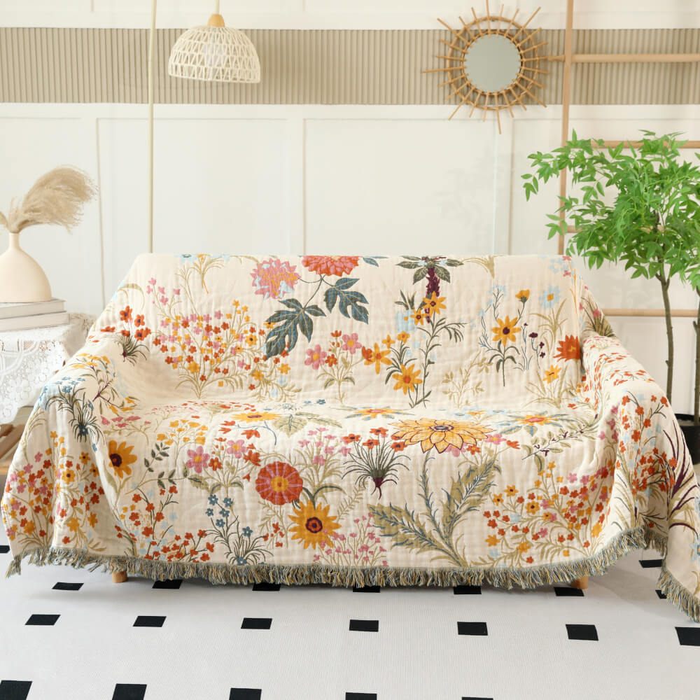 Garden Floral Cotton Throw Blanket with Fringe