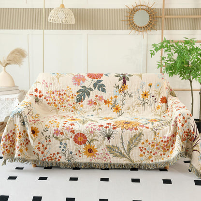 Garden Floral Cotton Throw Blanket with Fringe