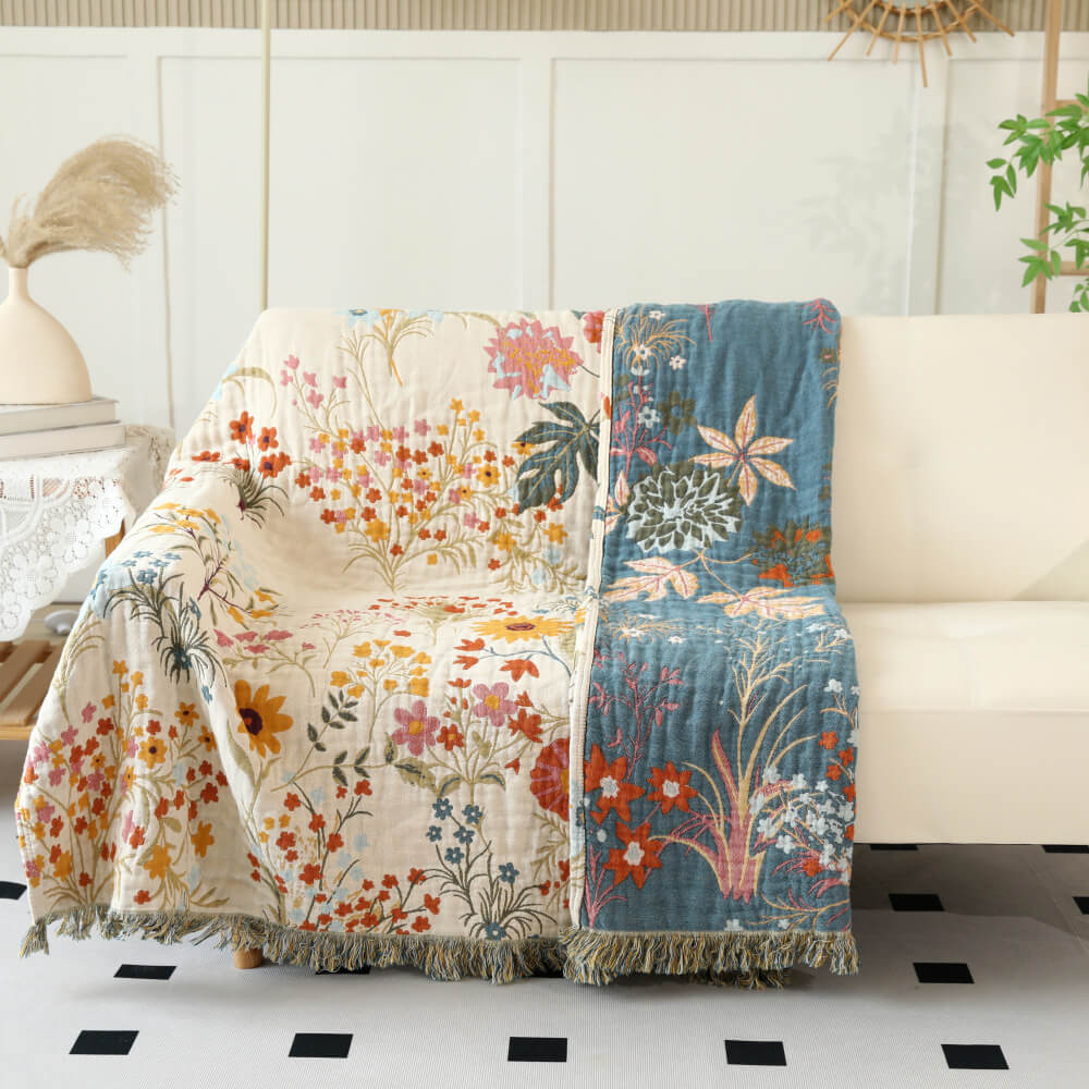 Garden Floral Cotton Throw Blanket with Fringe