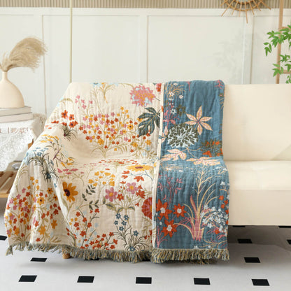 Garden Floral Cotton Throw Blanket with Fringe