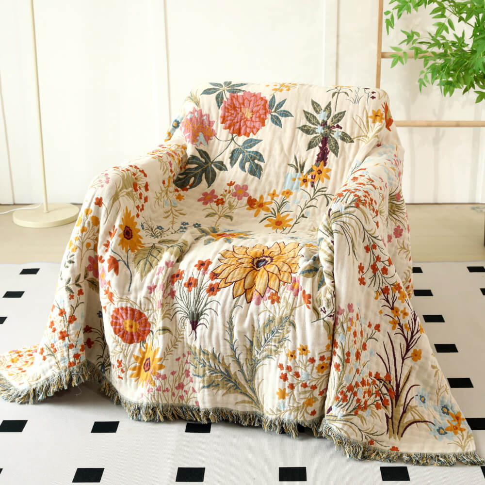 Garden Floral Cotton Throw Blanket with Fringe