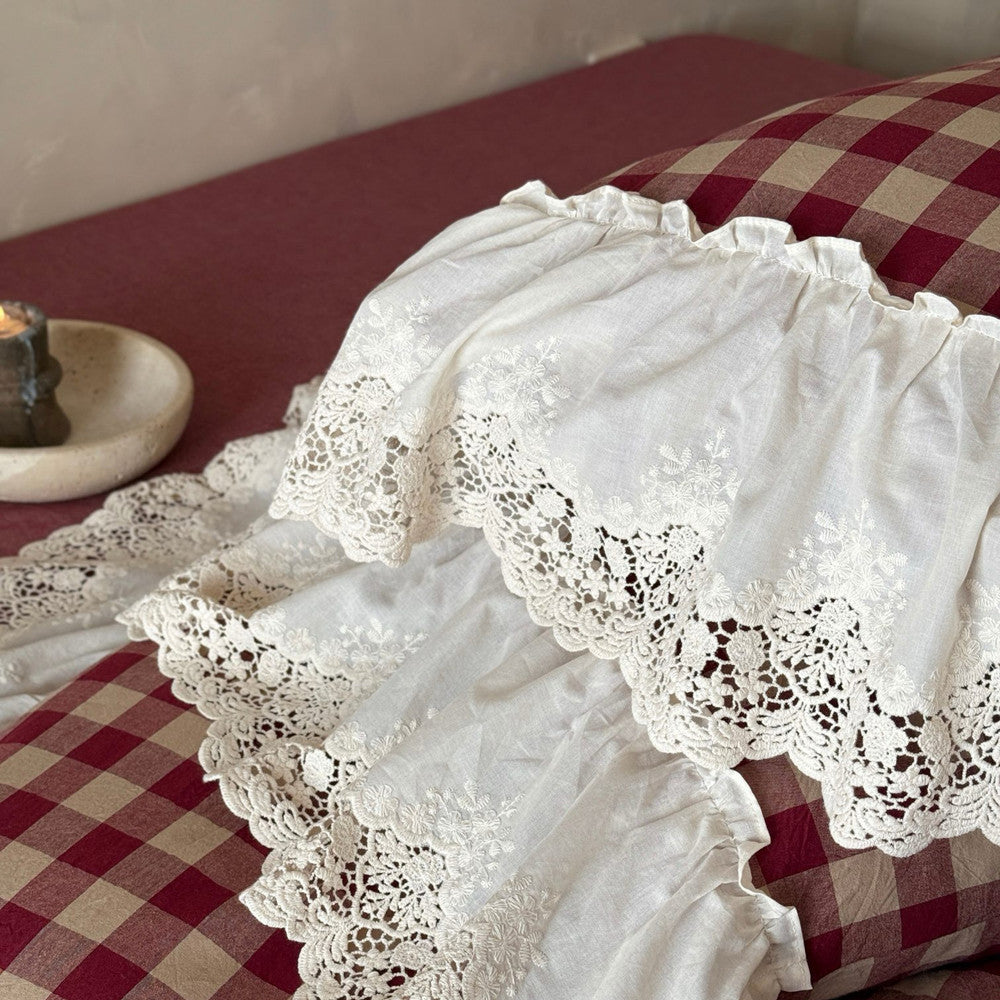 White lace fabric on a red and white checkered tablecloth with a candle in the background.