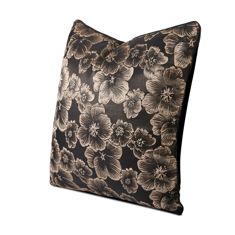 Gold floral decorative pillow cover on black background, luxury home accent from StuffedHome