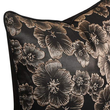 Gold floral decorative pillow cover on black fabric, luxury home bedding accessory