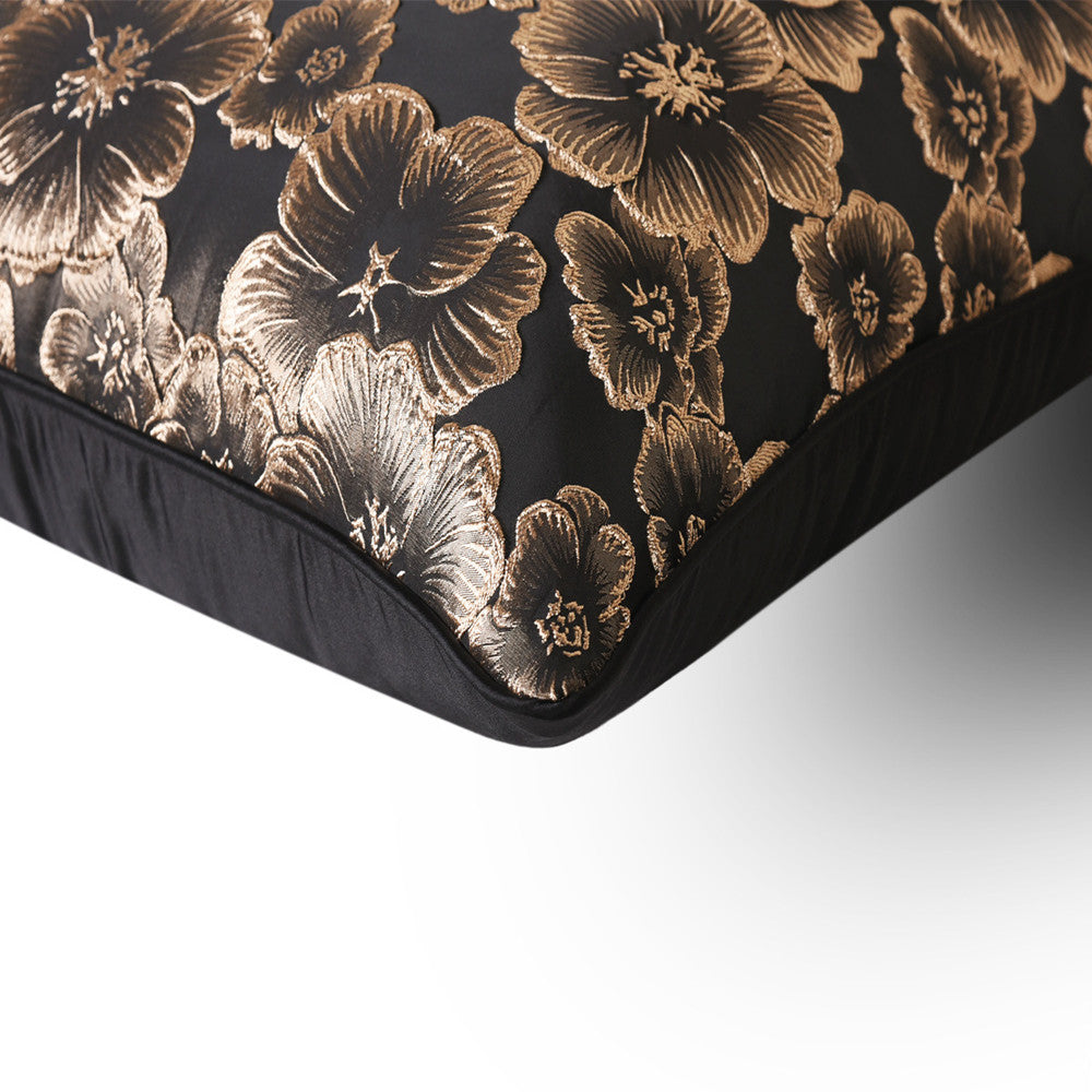 Gold floral decorative pillow cover on black fabric, luxury home decor by StuffedHome
