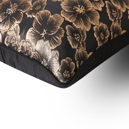 Gold floral decorative pillow cover on black fabric, luxury home decor by StuffedHome