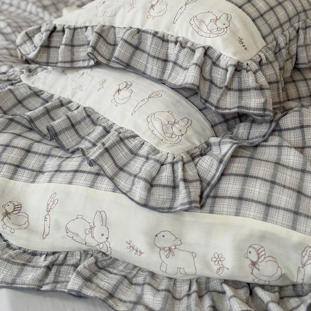Grey plaid cotton muslin bedding set with ruffled trim and animal embroidery by StuffedHome