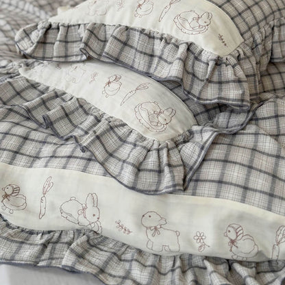 Grey plaid cotton muslin bedding set with ruffled trim and animal embroidery by StuffedHome