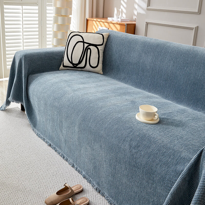 Blue herringbone chenille one-piece sofa cover, modern living room, StuffedHome décor.