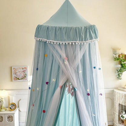 Blue kids bed canopy tent with star and heart decorations for children's room decor