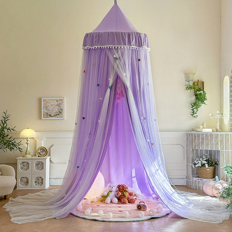 Purple kids bed canopy tent with plush toys, cozy room decor, and soft lighting by StuffedHome