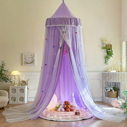 Purple kids bed canopy tent with plush toys, cozy room decor, and soft lighting by StuffedHome