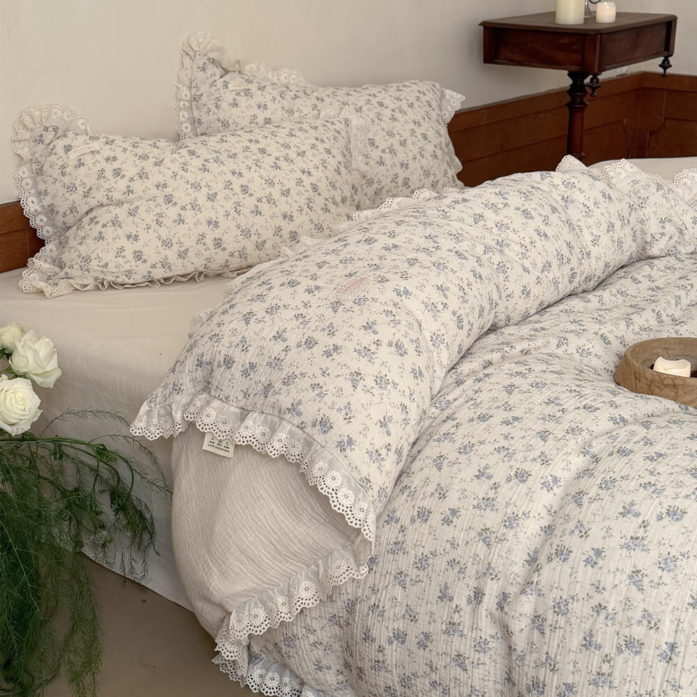 Blue rose cotton linen pillowcases and duvet cover with lace ruffle trim