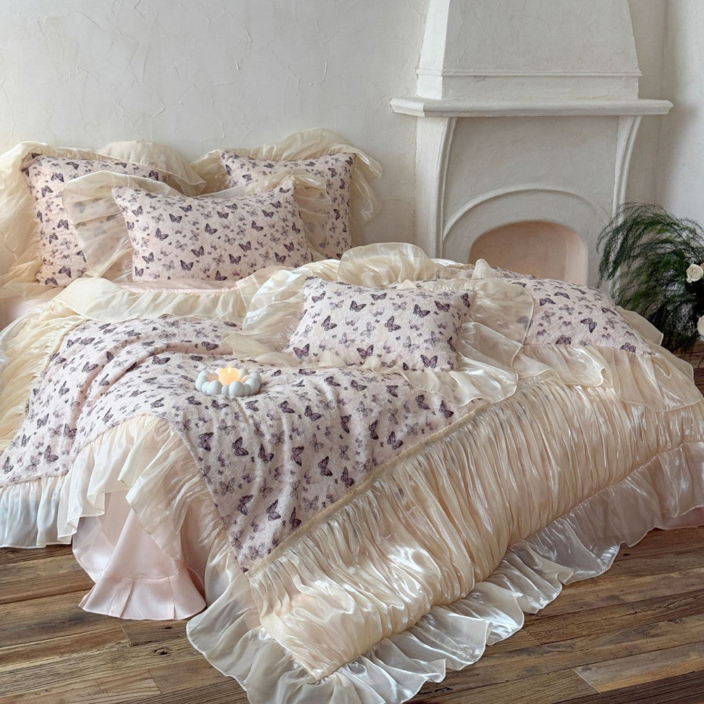 Long-Staple Cotton Butterfly Ruffled Bedding Set in Vintage White Room.