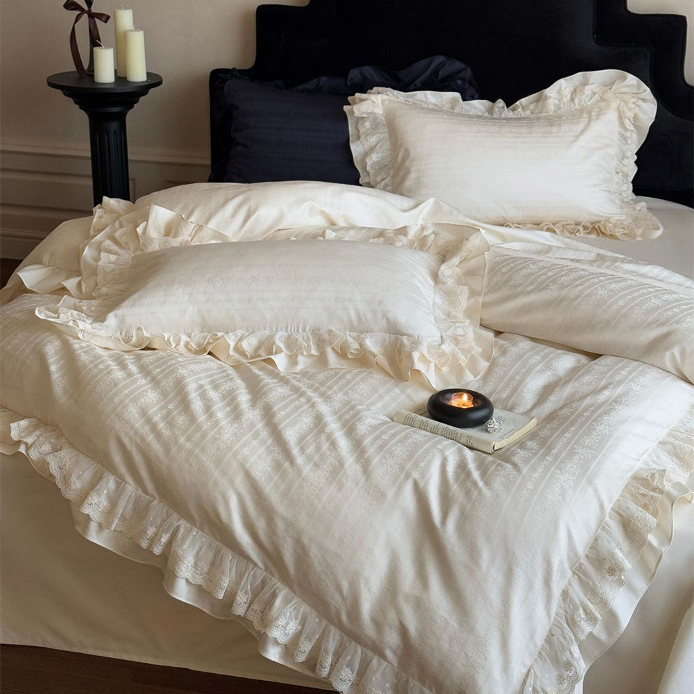 Cream long-staple cotton bedding set with lace ruffle trim, luxury romantic bedroom style from StuffedHome