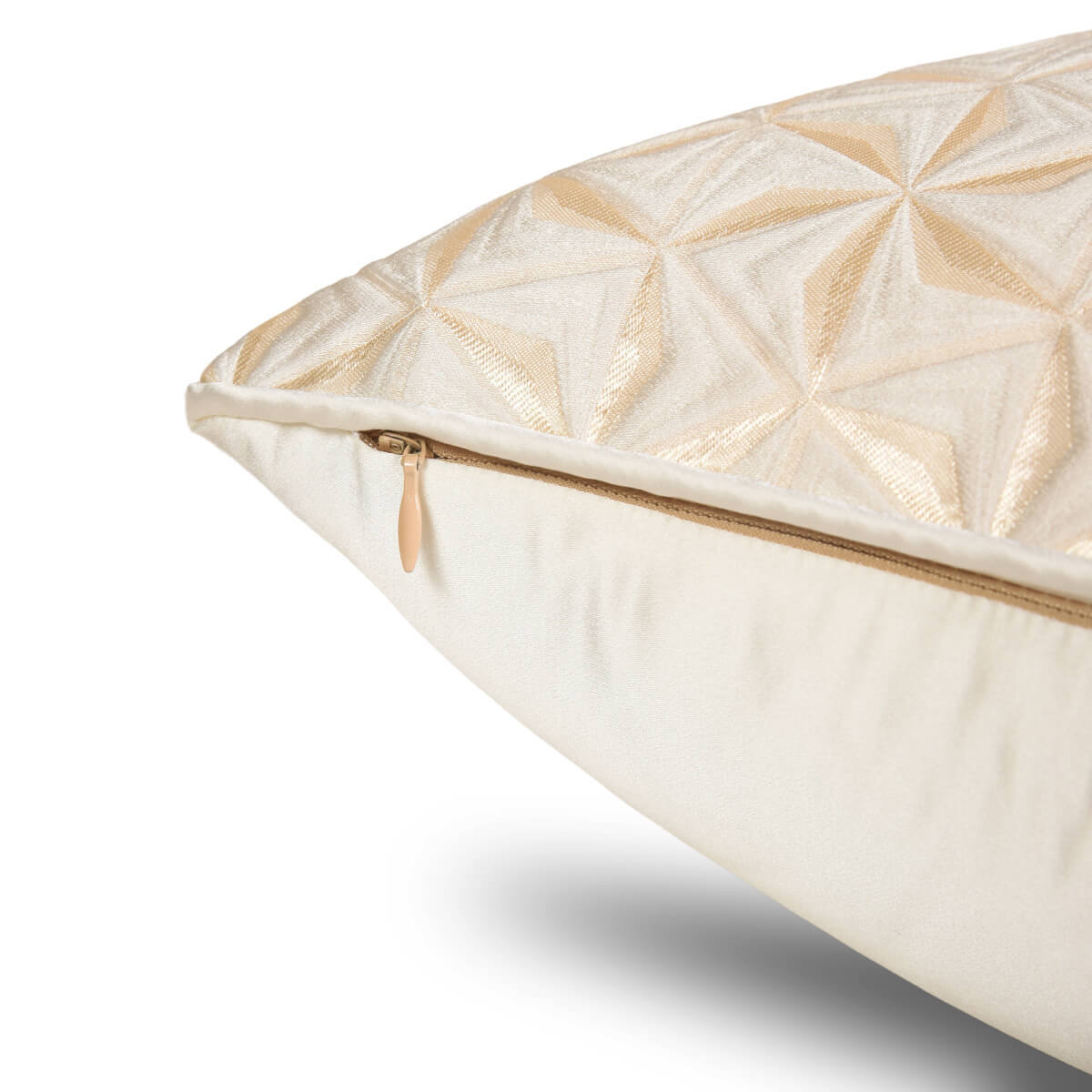 Metallic geometric decorative pillow cover with gold pattern and zipper closure