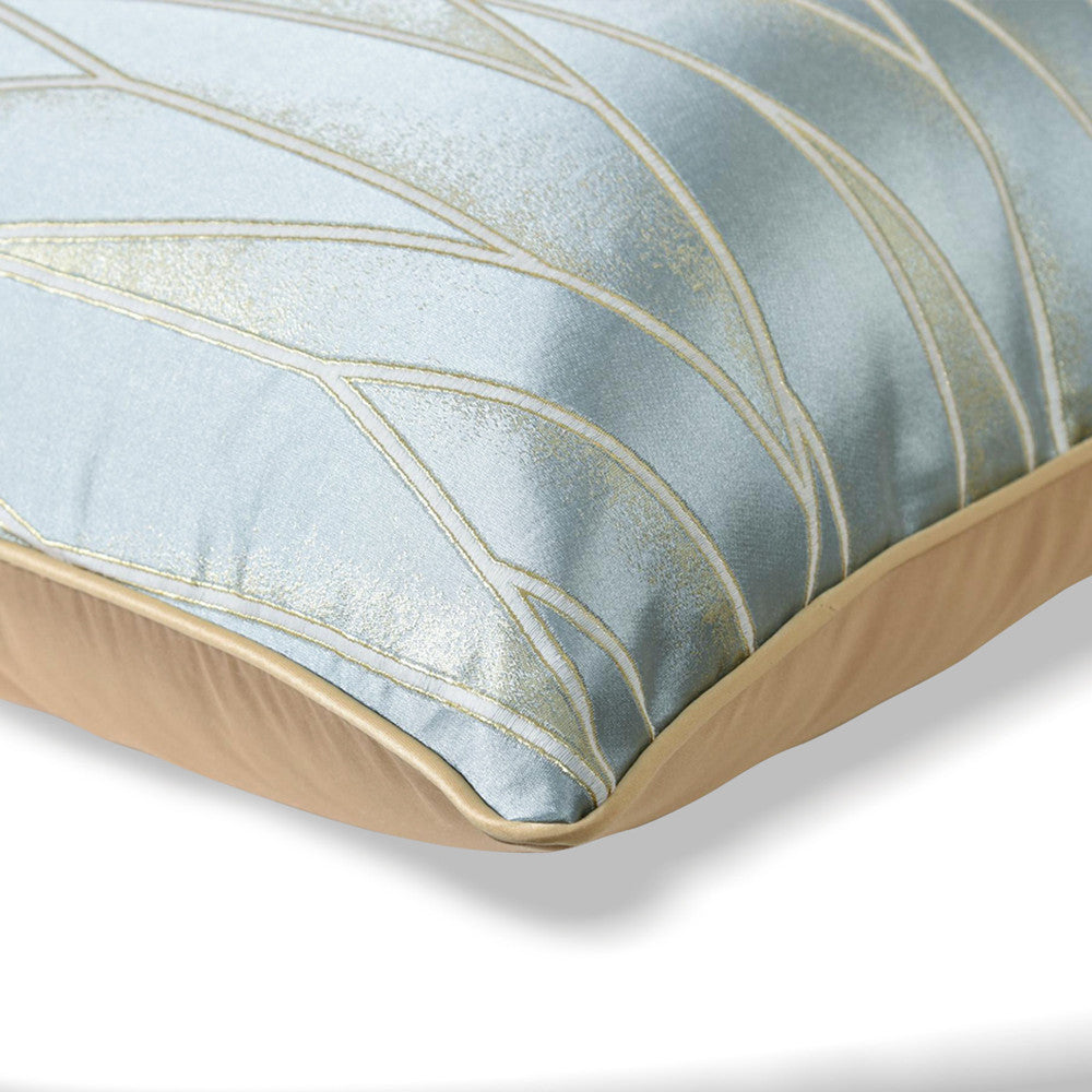 Modern geometric decorative pillow cover with gold pattern on light blue fabric, StuffedHome