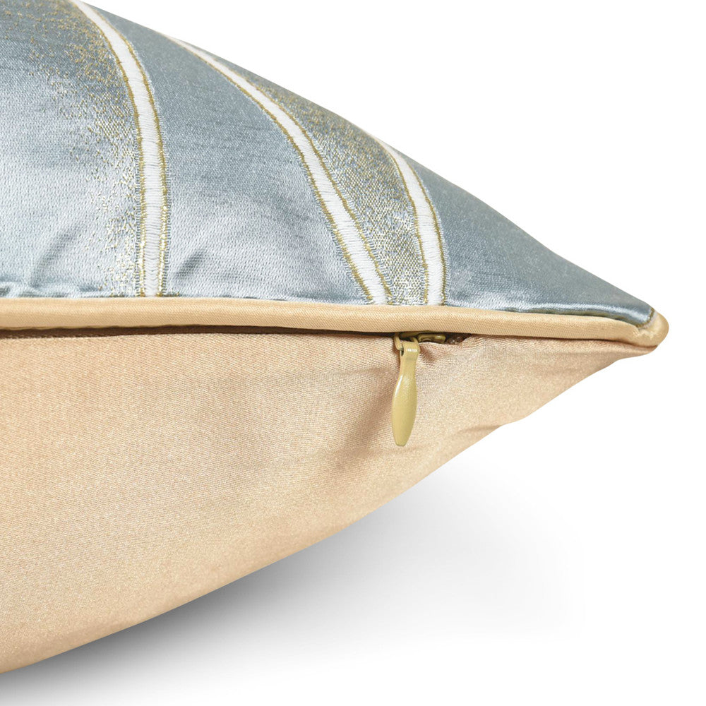Modern geometric decorative pillow cover with gold zipper, blue and beige fabric by StuffedHome