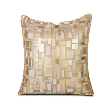Modern gold geometric decorative pillow cover with metallic square and rectangle pattern