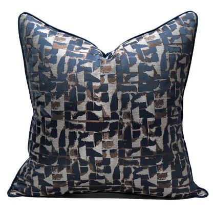 Modern metallic decorative pillow cover with geometric blue, silver, and brown pattern