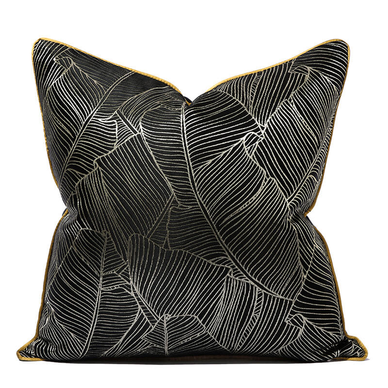 Black cushion cover with minimalist white leaf pattern, modern retro style, StuffedHome decor