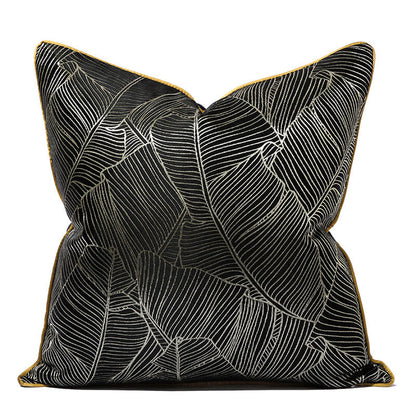 Black cushion cover with minimalist white leaf pattern, modern retro style, StuffedHome decor