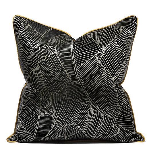 Black cushion cover with minimalist white leaf pattern, modern retro style, StuffedHome decor