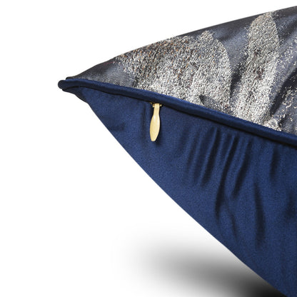Hidden zipper closure detail on navy blue decorative cushion