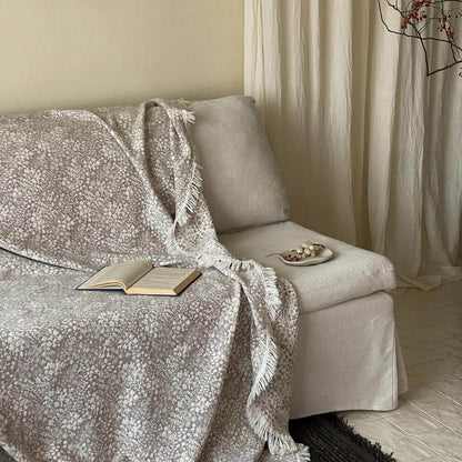Neutral Cotton Jacquard Throw Blanket with Fringe