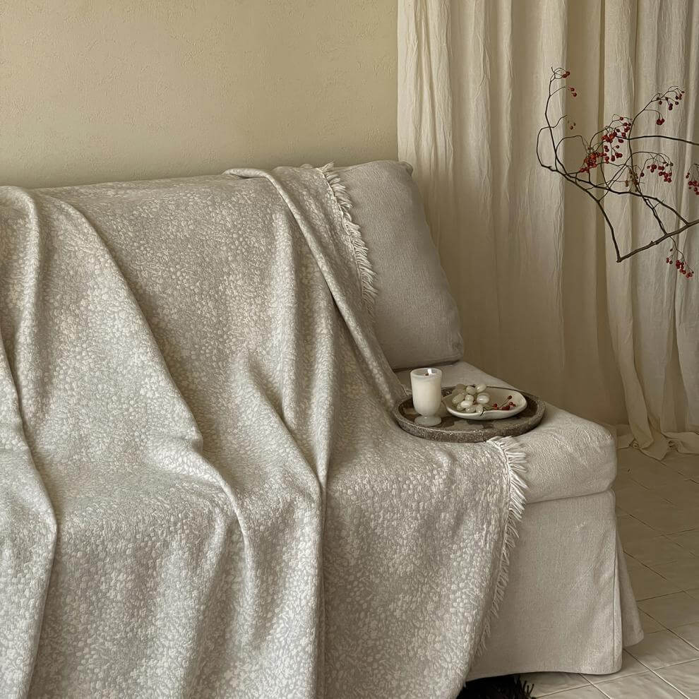 Neutral Cotton Jacquard Throw Blanket with Fringe
