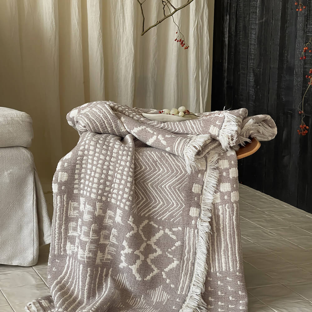 Neutral Cotton Jacquard Throw Blanket with Fringe