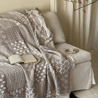 Neutral Cotton Jacquard Throw Blanket with Fringe