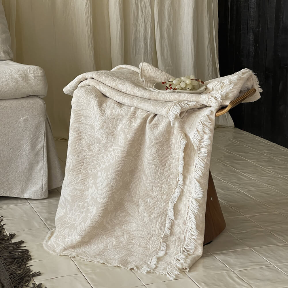 Neutral Cotton Jacquard Throw Blanket with Fringe