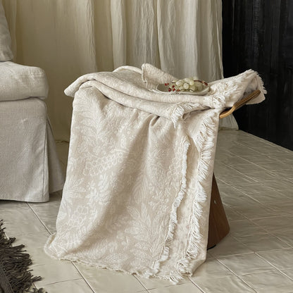 Neutral Cotton Jacquard Throw Blanket with Fringe
