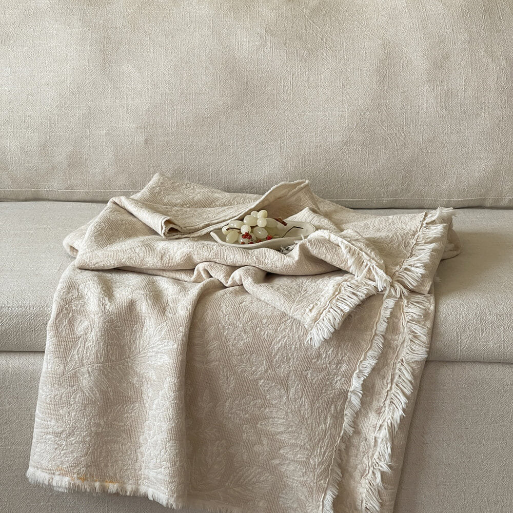 Neutral Cotton Jacquard Throw Blanket with Fringe