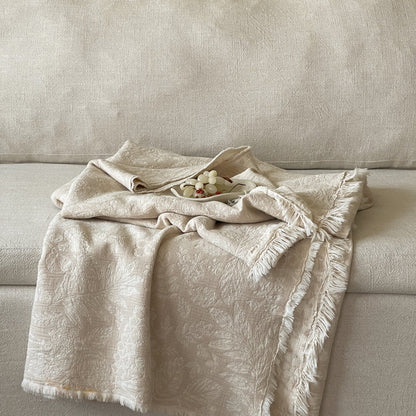 Neutral Cotton Jacquard Throw Blanket with Fringe