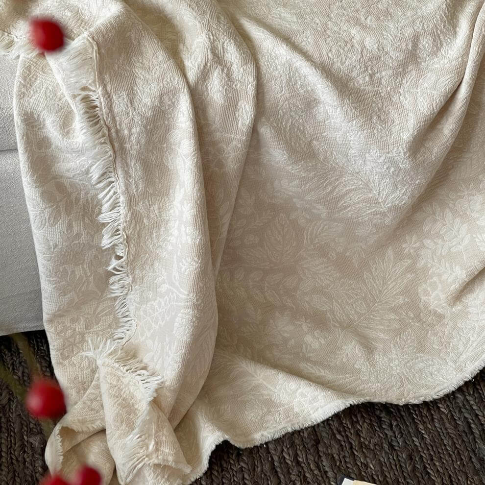 Neutral Cotton Jacquard Throw Blanket with Fringe