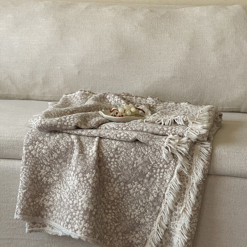 Neutral Cotton Jacquard Throw Blanket with Fringe