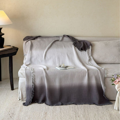 Ombre Cotton Muslin Throw Blanket with Fringe