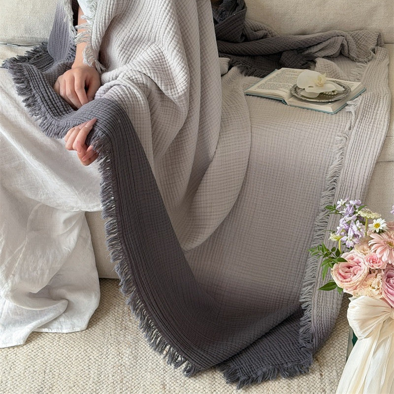 Ombre Cotton Muslin Throw Blanket with Fringe