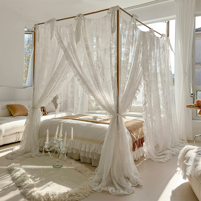 Elegant bedroom with floral lace bed canopy curtains and natural light, StuffedHome bedding