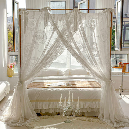 Elegant bedroom with white floral lace canopy curtains, pure cotton bedding, and natural light