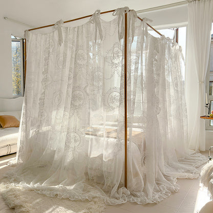 Elegant bedroom with floral lace canopy bed curtains and natural light, StuffedHome bedding