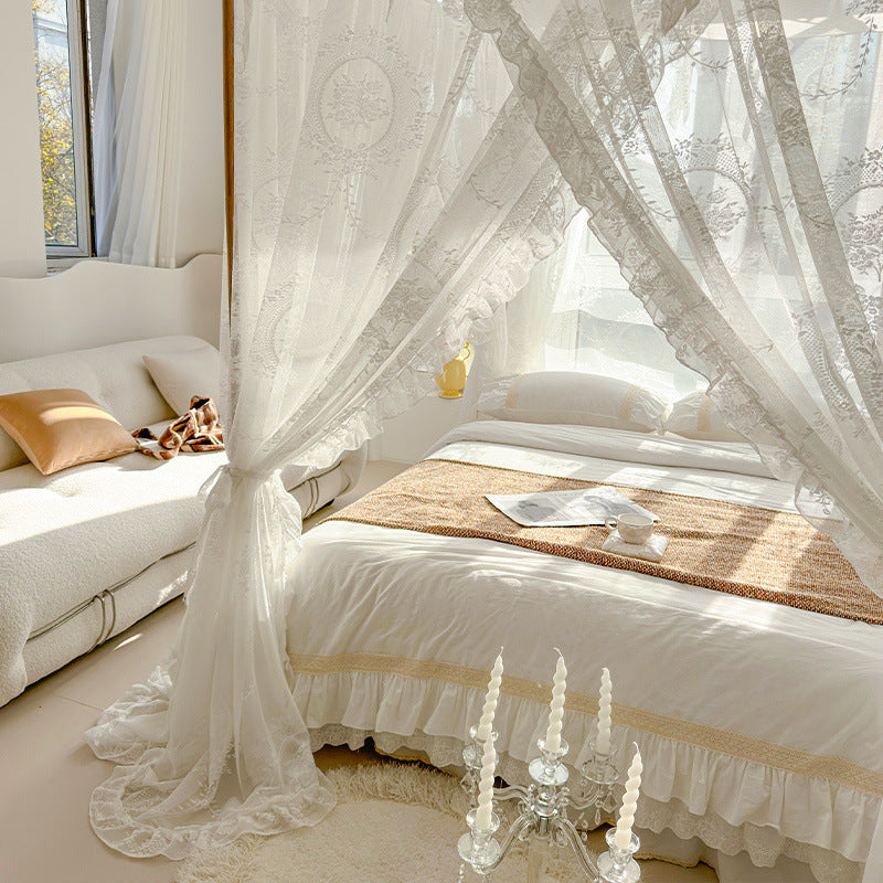 Luxury bedroom with floral lace bed canopy, pure cotton bedding, and soft natural light