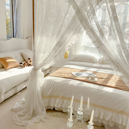 Luxury bedroom with floral lace bed canopy, pure cotton bedding, and soft natural light
